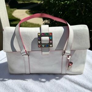 Vintage Dooney & Bourke Y2K Rainbow Heart White Leather Flap Tote Bag